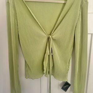 Women's Deep V Neck Tie Front Flare Sleeve Pleated Blouse